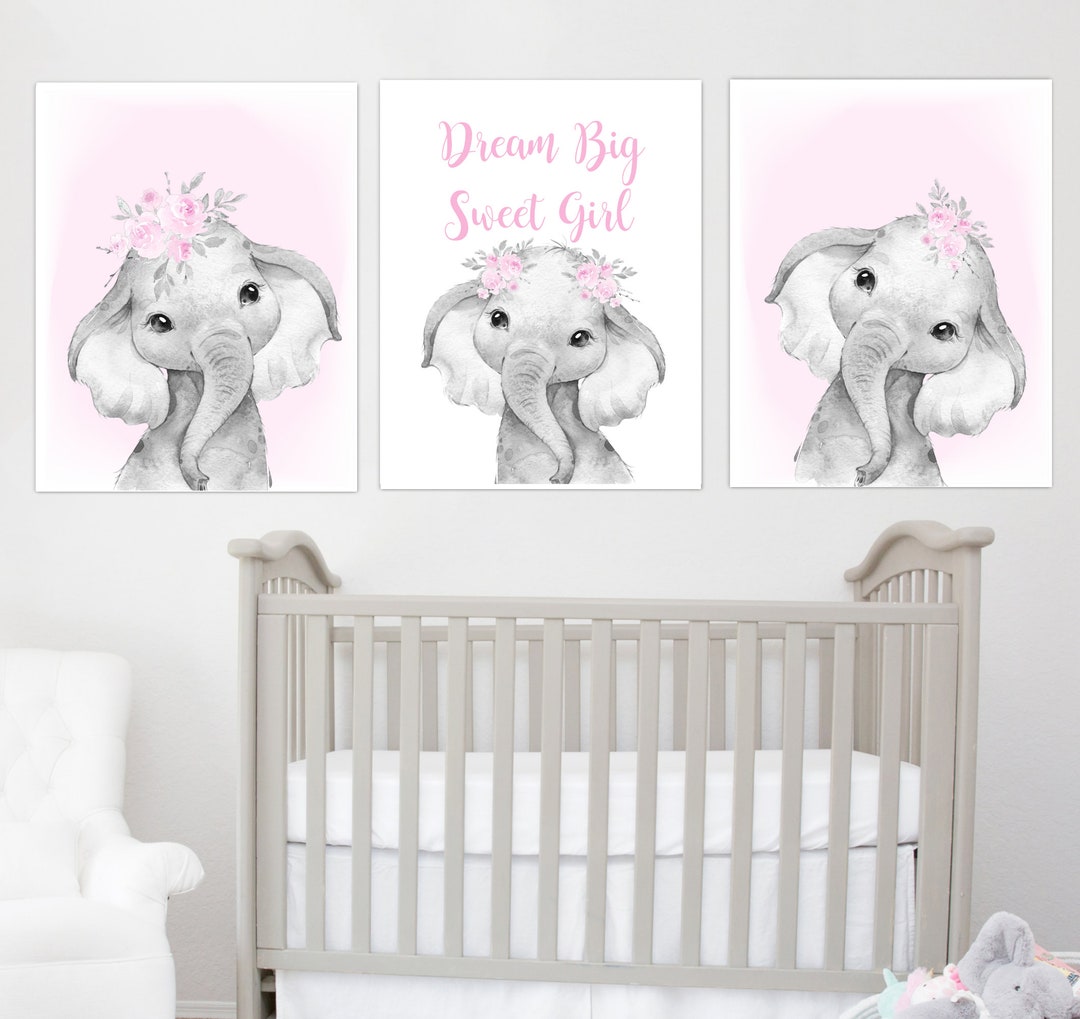 Baby Elephant Wall Art, Baby Girl Nursery Wall Art, Dream Big Sweet