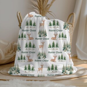 Personalized Forest Deer Baby Boy Blanket | Custom Swaddle Set with Knot Hat | Newborn Photo Prop | Baby Shower Gift | Woodland Theme