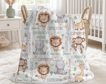 Baby Boy Baby Blanket Personalized Safari Animals Baby Boy Blanket Minky Fleece Sherpa Baby Blanket Baby Gift Custom Name Blanket