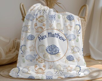Personalized Turtle Baby Boy Blanket | Swaddle Set | Custom Name Crib Blanket | Minky Fleece Sherpa | Newborn Shower Gift | Nursery Decor