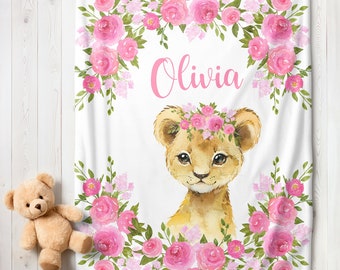 LION Baby Girl Blanket Pink Floral Crown Baby Lion Baby Blanket Newborn Baby Shower Gift Minky Blanket Fleece Blanket Sherpa Baby Blanket