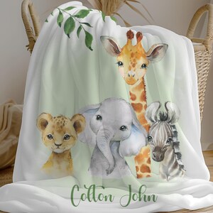 Personalized Safari Animals Baby Blanket, Custom Name Crib Blanket, Swaddle Set, Minky Fleece Sherpa, Baby Shower Gift, Nursery Decor
