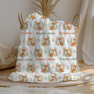 Personalized Fox Baby Boy Blanket,Custom Name Crib Blanket, Minky Fleece Sherpa, Shower Gift, Woodland Nursery Decor