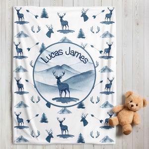 Personalized Deer Baby Boy Blanket | Custom Name Blanket | Swaddle Set | Minky Fleece Sherpa | Shower Gift | Woodland Nursery Decor