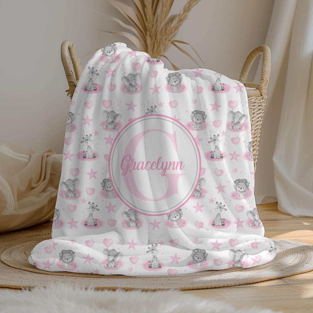 Safari Animals Baby Girl Blanket, Personalized Name Crib Blanket ...