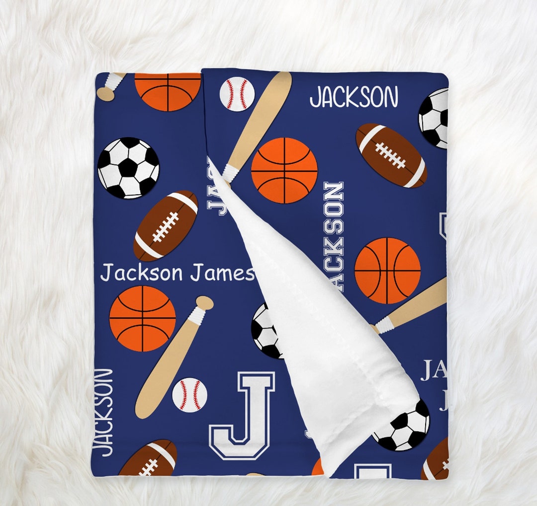 Personalized Sports Blanket Boy Name Blanket Baseball Basketball Soccer Football Name Blanket