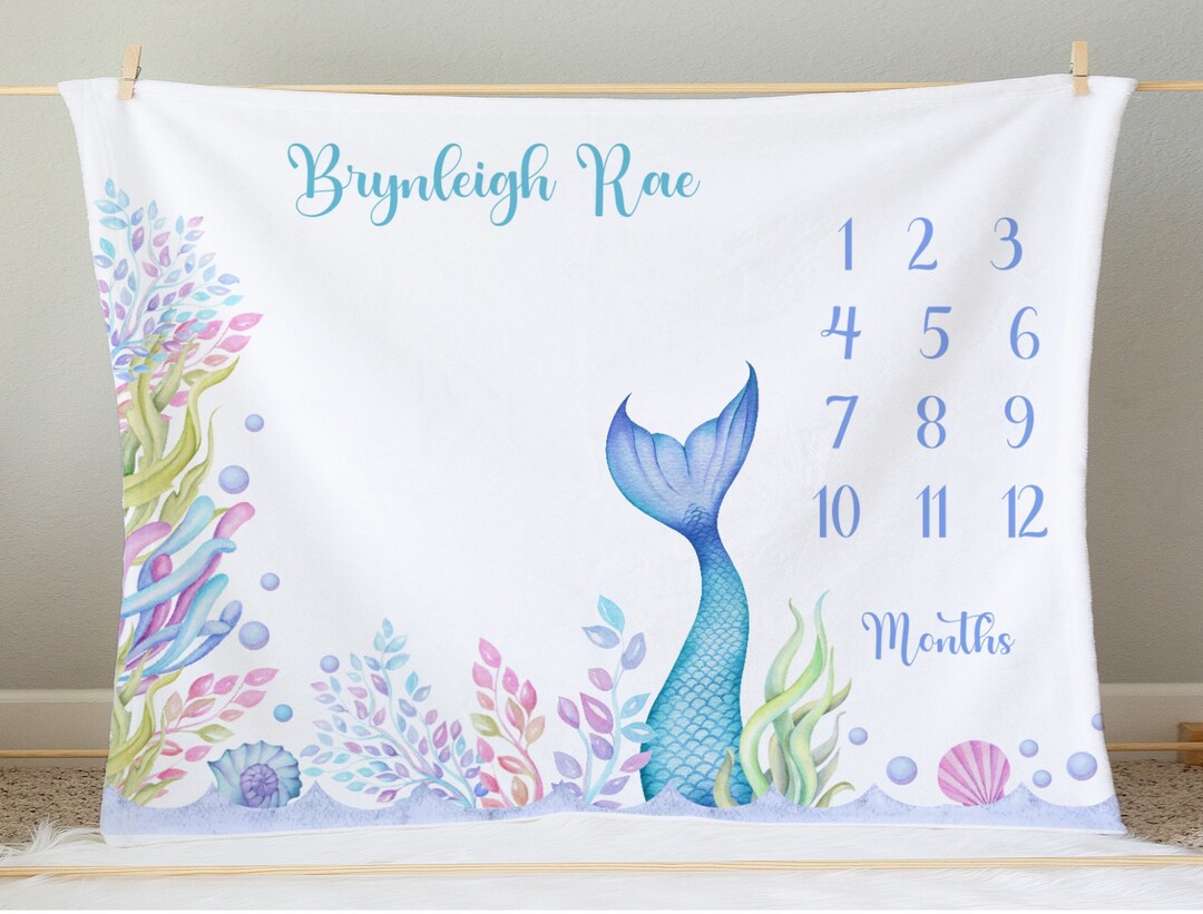 Personalized Mermaid Tail Baby Girl Milestone Blanket | Monthly Growth ...