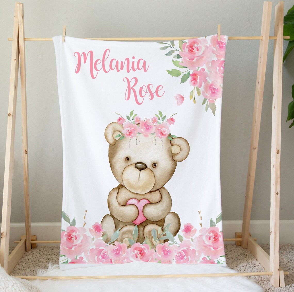 Teddy Bear Baby Blanket Pink Flower Baby Girl Blanket Etsy