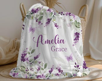 Personalized Purple Floral Baby Girl Blanket | Custom Name Blanket | Swaddle Set | Minky Fleece Sherpa | Baby Shower Gift | Nursery Decor