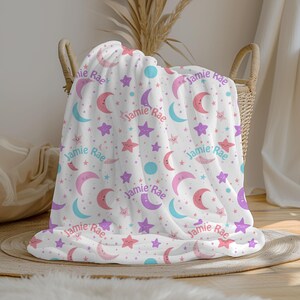 Personalized Moon Stars Baby Girl Blanket, Custom Name Blanket, Swaddle Set, Minky Fleece Sherpa, Baby Shower Gift, Nursery Decor