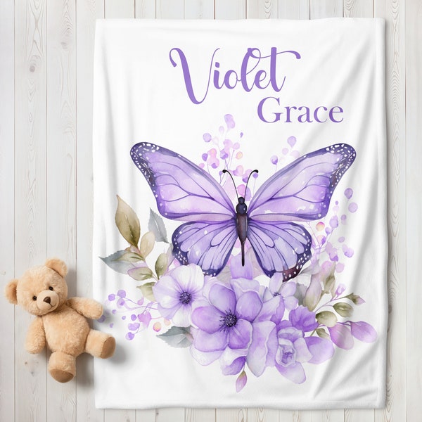 Butterfly Blanket Baby Girl Blanket Personalized Purple Floral Butterfly Girl Blanket Custom Blanket Girl Name Blanket Baby Gift Swaddle