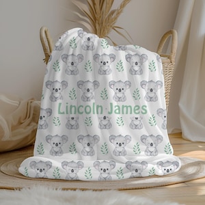 Personalized Koala Bear Baby Boy Blanket | Custom Name Blanket | Swaddle Set with Knot Hat | Minky Fleece Sherpa | Baby Shower Gift