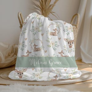 Personalized Deer Baby Girl Blanket | Custom Name Crib Blanket | Swaddle Set | Minky Fleece Sherpa | Baby Shower Gift | Nursery Decor