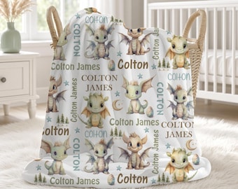 Personalized Dragon Baby Boy Blanket, Custom Name Blanket, Swaddle Set, Fleece, Minky, Sherpa, Baby Shower Gift, Fantasy Nursery Decor