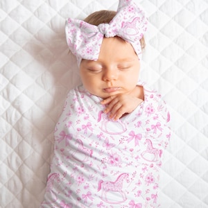 Toile Pink Rocking Horse Baby Girl Swaddle Set, Bow Knotted Cap, Beanie, Custom Name Baby Gift, Newborn Keepsake, Baby Photo Prop