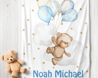 Personalized Teddy Bear Baby Boy Blanket, Custom Name Crib Blanket, Swaddle Set, Minky Fleece Sherpa, Baby Shower Gift, Bear Nursery Decor
