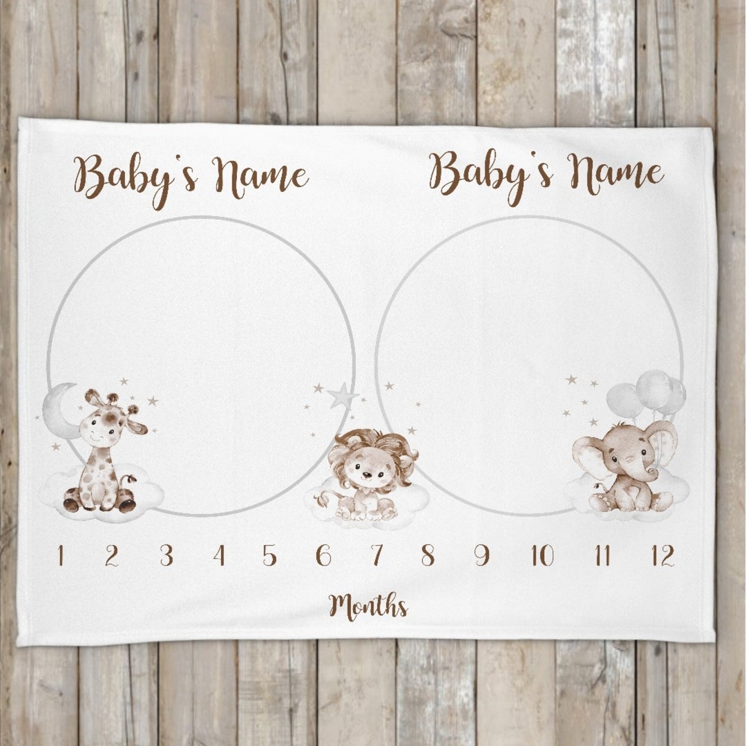 Personalized Twin Safari Animals Baby Milestone Blanket | Monthly ...