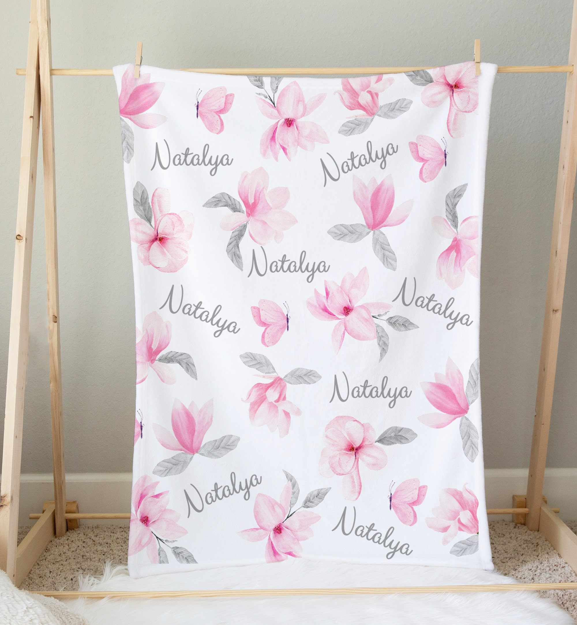 Personalized Pink Floral Baby Girl Blanket | Swaddle Set | Headband Bow ...