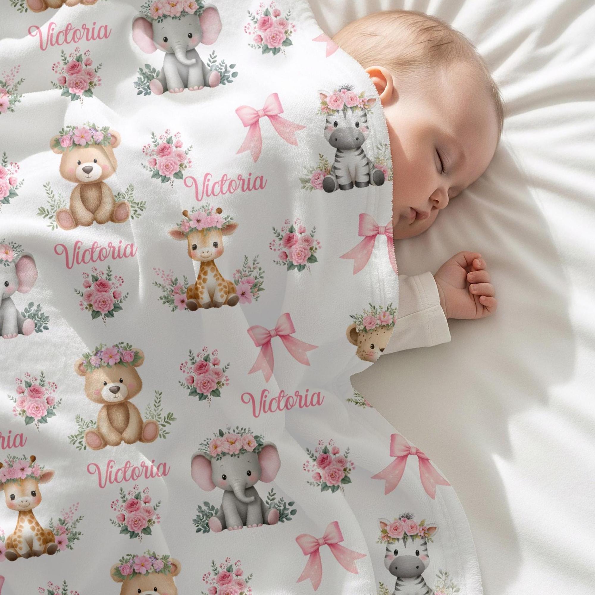Personalized Safari Animals Baby Girl Blanket, Custom Name Crib Blanket ...