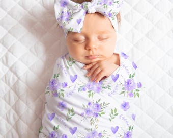 Purple Floral Baby Girl Blanket | Swaddle Set | Bow Knot Hat or Beanie Cap | Baby Shower Gift | Photo Prop | Keepsake | Come Home Outfit