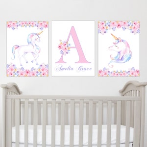 Personalized Unicorn Wall Art Floral Unicorn Art Prints Unicorn Wall Decor Girl Bedroom Art Baby Nursery Decor Unicorn Canvas Art Prints