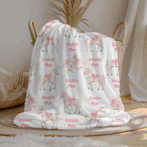 Personalized Floral Horse Baby Girl Blanket, Swaddle Set, Cowgirl Custom Name Crib Blanket , Baby Shower Gift, Minky Fleece Sherpa, Western