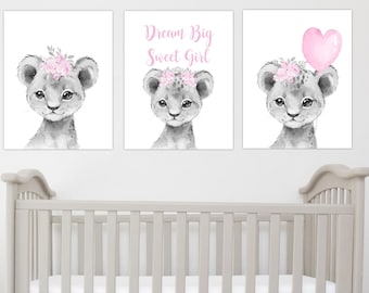 Baby Lion Wall Art, Baby Girl Nursery Wall Art, Dream Big Sweet Girl, LIon Cub Decor, Baby Shower Gift, Baby Animals, Baby Nursery Decor