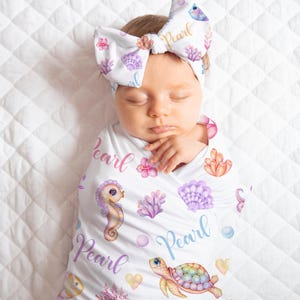 Personalized Under The Sea Baby Girl Blanket | Swaddle Set | Bow Knot Hat Beanie | Baby Shower Gift | Photo Prop | Keepsake | Ocean Theme