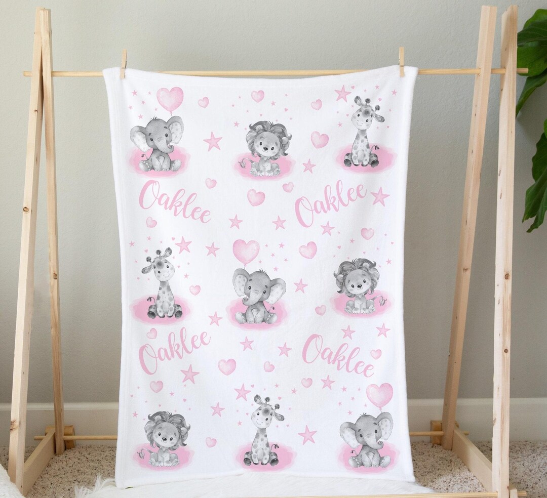 Personalized Baby Girl Baby Blanket, Pink Safari Animals Crib Blanket ...