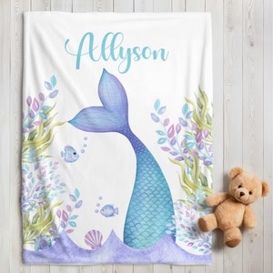 Personalized Mermaid Girl Blanket | Ocean Theme Blanket | Custom Name Swaddle Set | Baby Shower Gift | Minky Fleece Sherpa