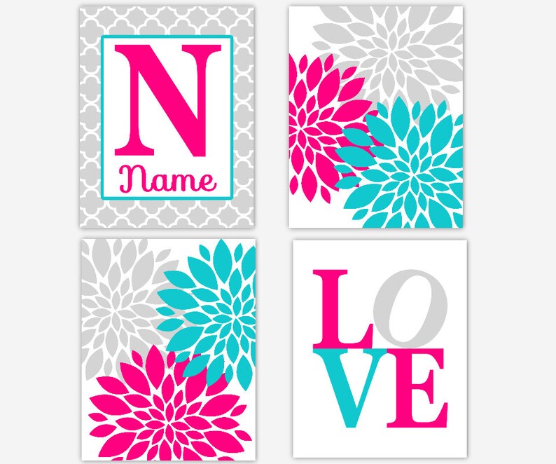 Flower Wall Art Baby Girl Nursery Art Hot Pink Aqua Flower Etsy