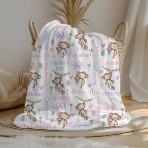 Personalized Monkey Baby Girl Blanket, Custom Name Swaddle Set, Minky Fleece Sherpa, Baby Shower Gift, Jungle Animal Nursery Decor