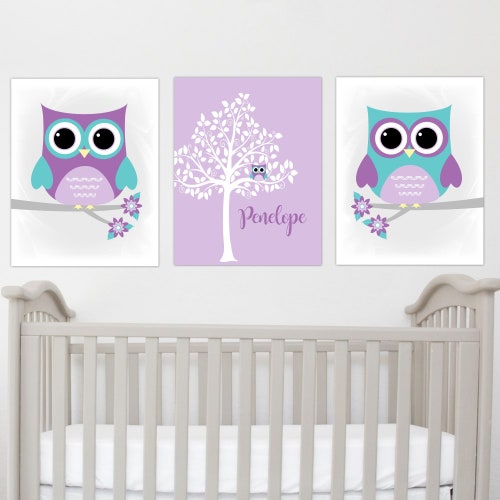 Owls Baby Girl Nursery Wall Art Purple Teal Lavender Owl Decor Etsy