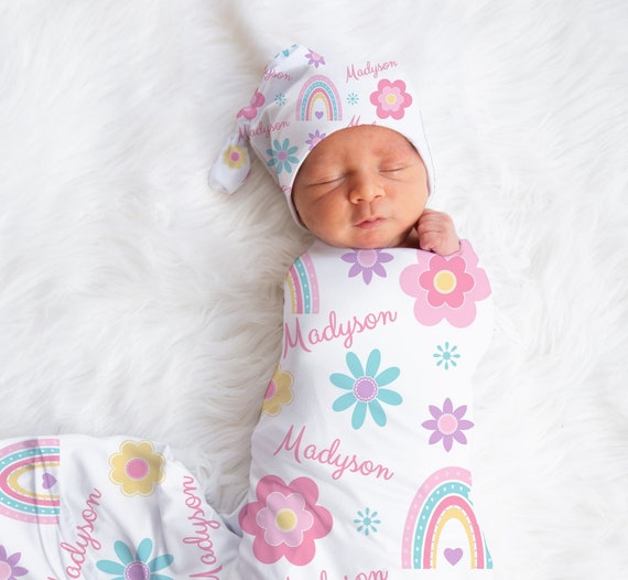 Rainbow Floral Girl Swaddle Blanket Personalize Blanket Newborn Knotted Cap Girl Headband Baby Girl Gift Hospital Photo Newborn Photo Etsy