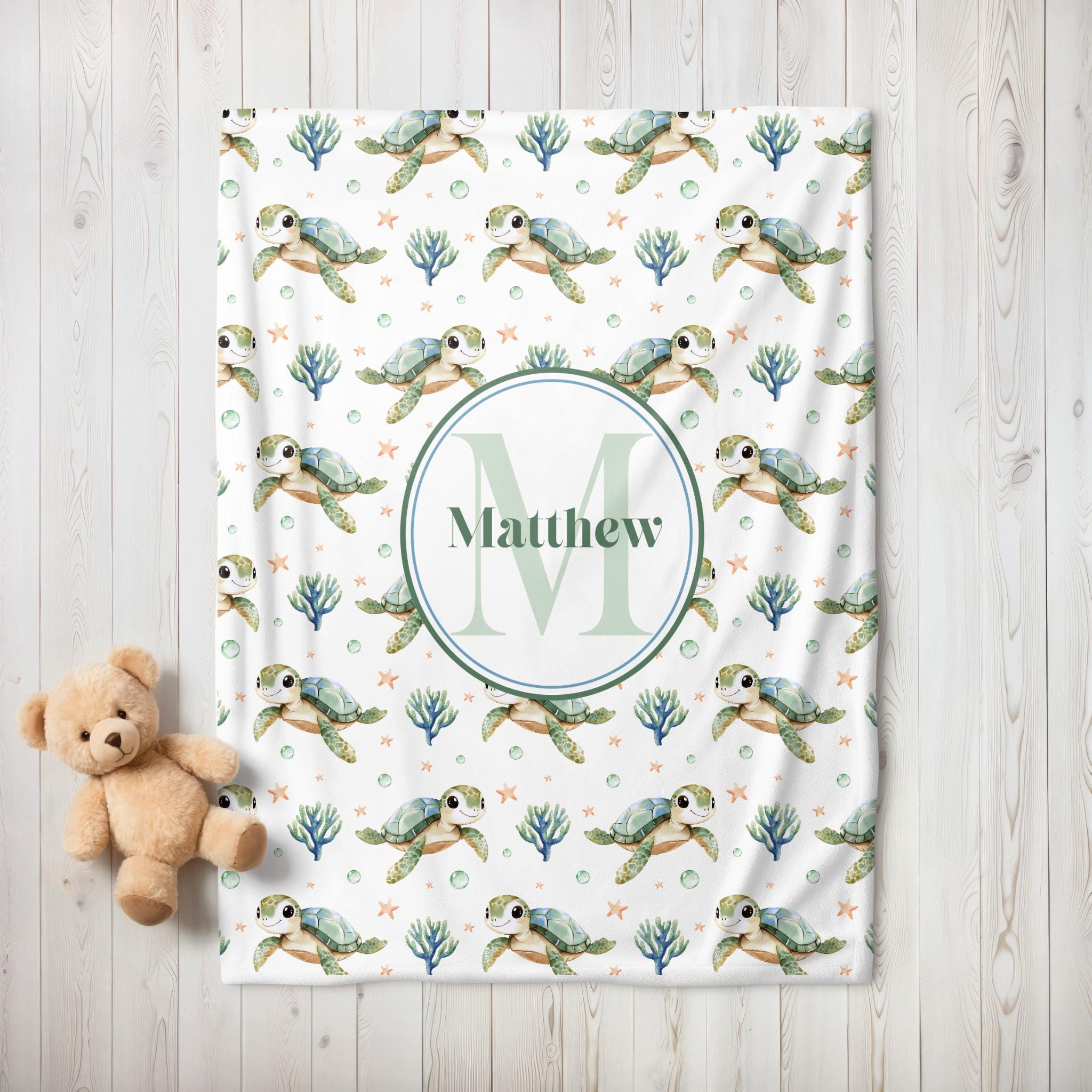 Personalized Turtle Baby Boy Blanket, Swaddle Set, Custom Crib Blanket ...