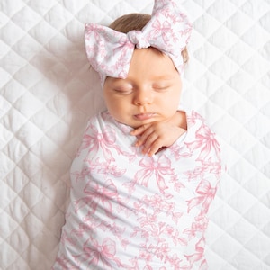 Pink Bow Toile Baby Girl Blanket, Swaddle Set, Bow Knot Hat, Beanie Cap, Baby Shower Gift, Photo Prop, Keepsake, Come Home Outfit