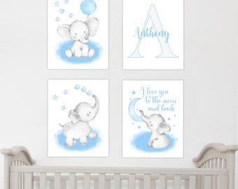 Baby Boy Nursery Wall Art Personalized Blue Elephant I Love You To The Moon and Back Boy Room Decor Baby Nursery Prints Art Canvas Baby Gift