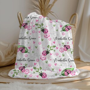Personalized Ladybug Baby Girl Blanket | Custom Name Crib Blanket | Swaddle Set | Minky Fleece Sherpa | Baby Shower Gift | Nursery Decor