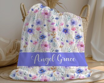 Wildflowers Personalized Baby Girl Blanket, Custom Name Crib Blanket, Swaddle Set, Minky Fleece Sherpa, Baby Shower Gift, Floral Nursery