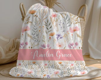 Personalized Wildflower Baby Girl Blanket, Custom Name Crib Blanket, Swaddle Set, Minky Fleece or Sherpa, Baby Shower Gift, Wildflower Decor