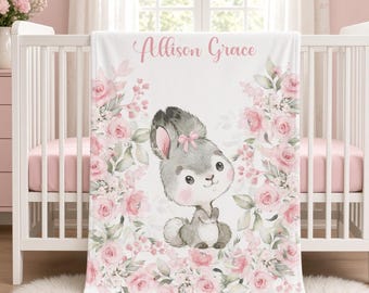 Personalized Pink Floral Bunny Baby Girl Blanket | Custom Name Crib Blanket | Minky Fleece Sherpa | Baby Shower Gift | Rabbit Nursery Decor