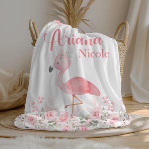 Personalized Floral Flamingo Baby Girl Blanket | Custom Name Crib Blanket | Swaddle Set | Minky Fleece Sherpa | Shower Gift | Nursery Decor