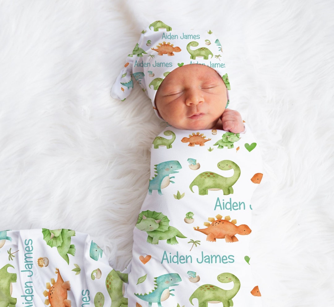 Personalized Baby Boy Swaddle Blanket Dinosaur Swaddle Knotted Hat