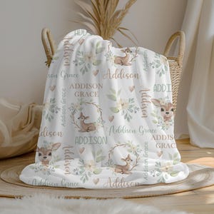 Personalized Deer Baby Girl Blanket | Custom Name Crib Blanket | Swaddle Set | Minky Fleece Sherpa | Baby Shower Gift | Nursery Decor