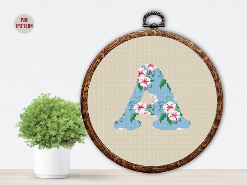 Alphabet Xstitch Chart Floral Letter A Cross Stitch Pattern Instant Cross Stitch Digital Download Monogram Letter Counted Cross Stitch