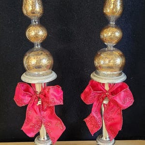 Vtg Christmas SILVER Pedestal Candle Holders Adorned w Antique Glass Ornaments