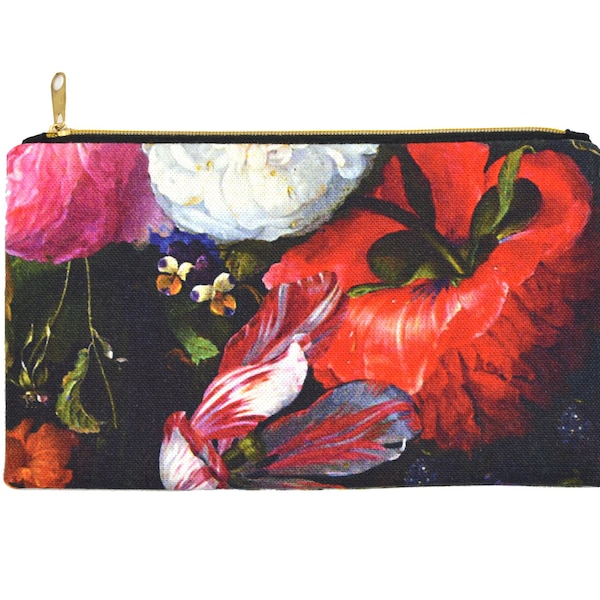 trousse à maquillage motifs floraux, 20,5 x 12 cm, pochette noire, hortensias, pivoines, roses, freesias, tulipes, cadeau fête des mères