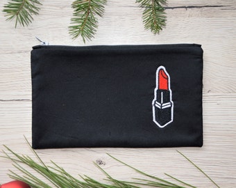 Neu, schwarze Kosmetiktasche mit Applikation, 20x11 cm, roter Lippenstift Makeup-Tasche, Ostern Geschenk