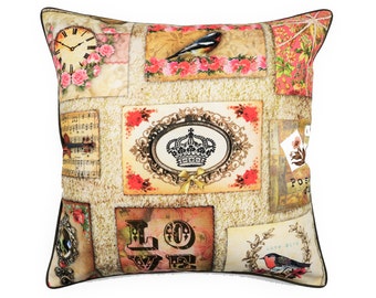 New, decorative cushion cover with love postcard motif, beige cushion cover with piping, 40 x 40 cm, Easter gift, Christmas gift