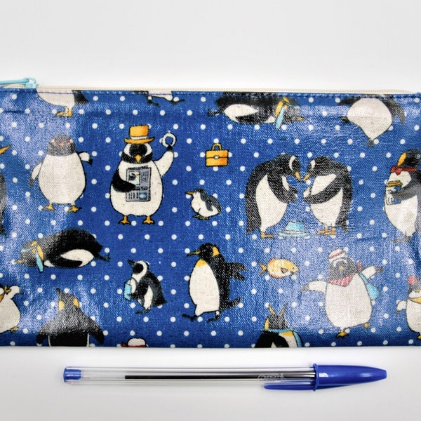 Trousse à crayons bleue pingouins, trousse de maquillage amusante avec fermeture éclair, 21,5 x 11,5 cm, cadeau de rentrée scolaire, cadeau de Pâques